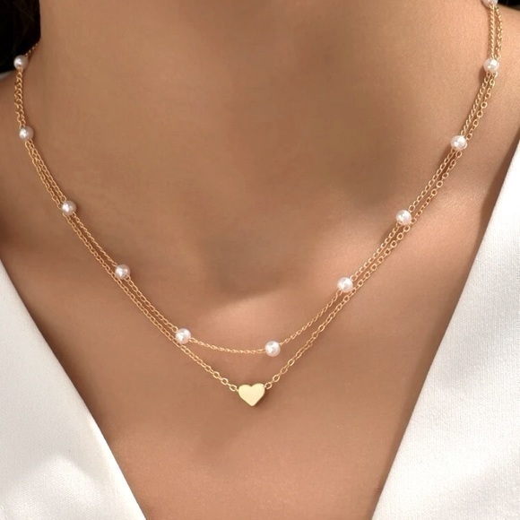 mam262 Jewelry - Gold Heart Faux Pearl Layered Choker Necklace